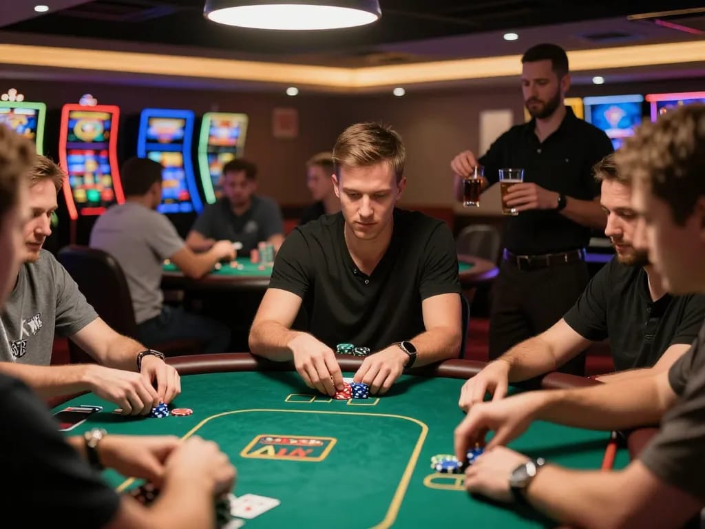 J188 players strategically calculating odds in an engaging poker game at the casino table.