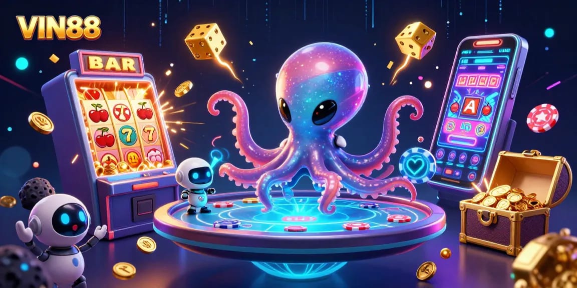 Experience thrilling gameplay at VIN88 with a vibrant 3D illustration featuring an alien octopus at a floating poker table.