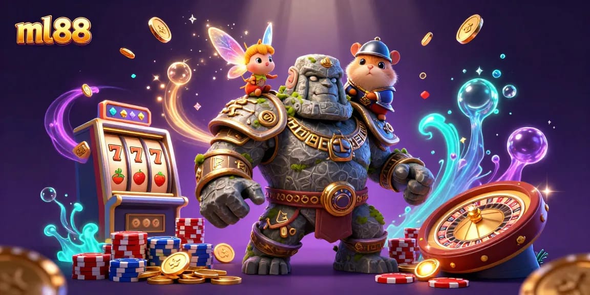 Engage with ml 88's imaginative 3D casino scene featuring the golem guardian and fairy magic.