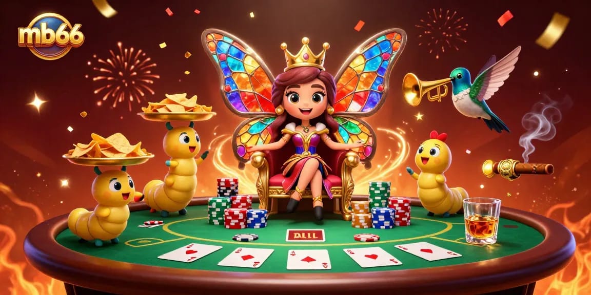 Illustration of the majestic mb66 butterfly queen presiding over a vibrant poker gathering.