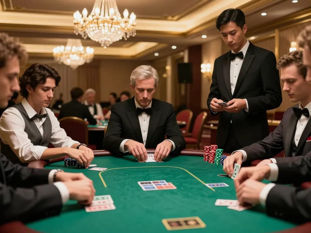 Sky88 players strategizing at an exclusive poker table in a luxurious casino setting