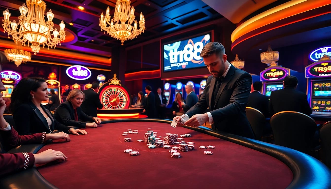 Experience thrilling poker at the table with tr88 chips in a luxurious casino setting.