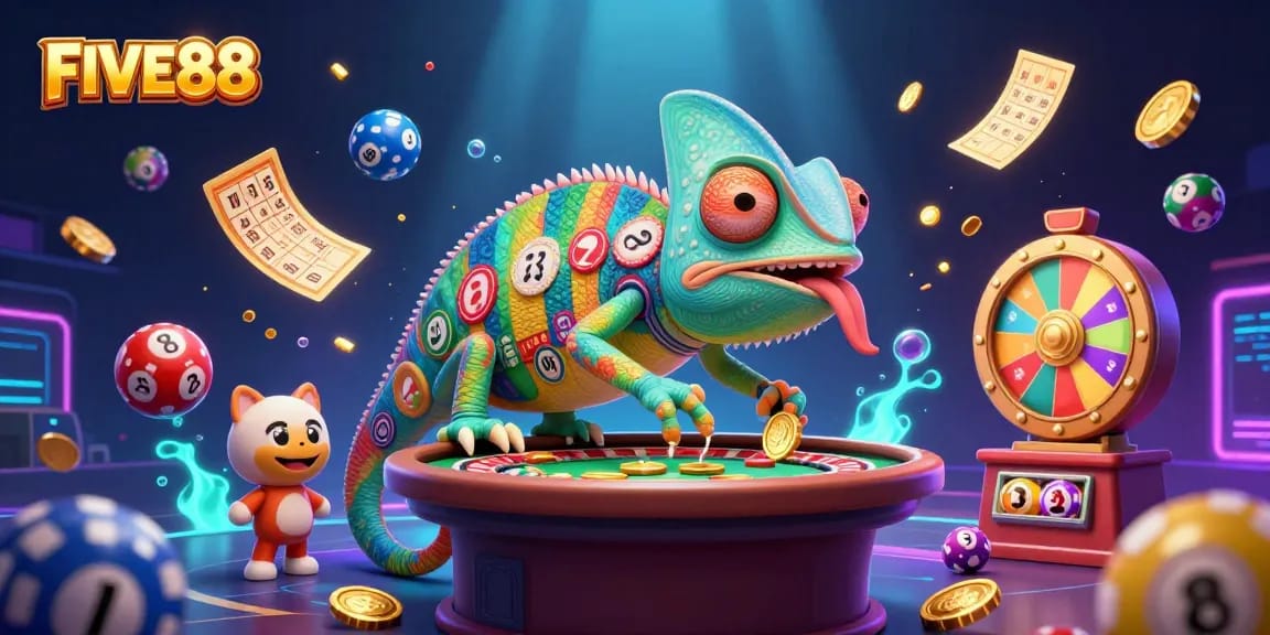 Engage with FIVE88's vibrant casino scene, featuring a colorful chameleon owner amidst dynamic gaming elements.