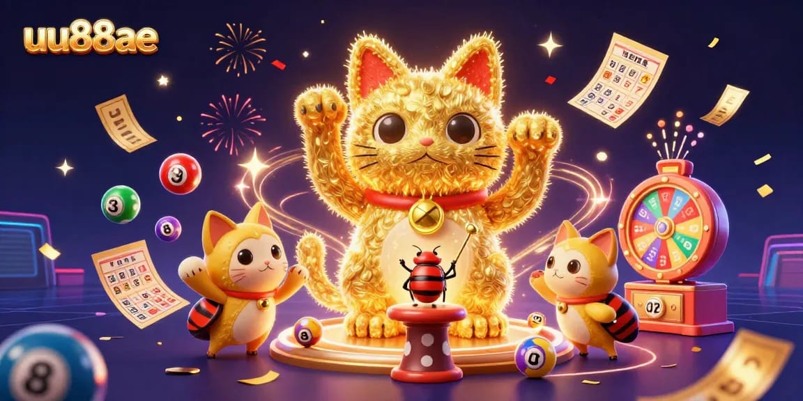 Experience excitement with the uu88ae lucky cat illustration amid casino elements and vibrant energy.