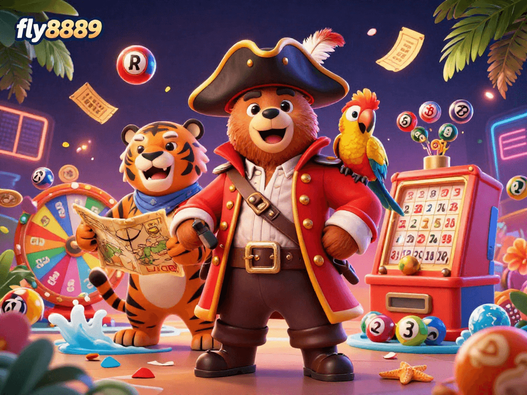 Engage in thrilling play with fly8889's vibrant casino scene showcasing colorful games and animated characters.