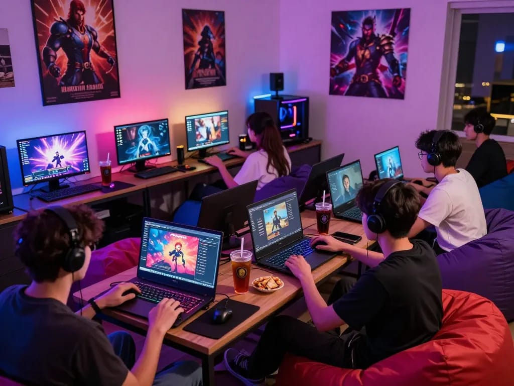 Exciting gaming experience with friends playing free porn games in a vibrant gaming room.