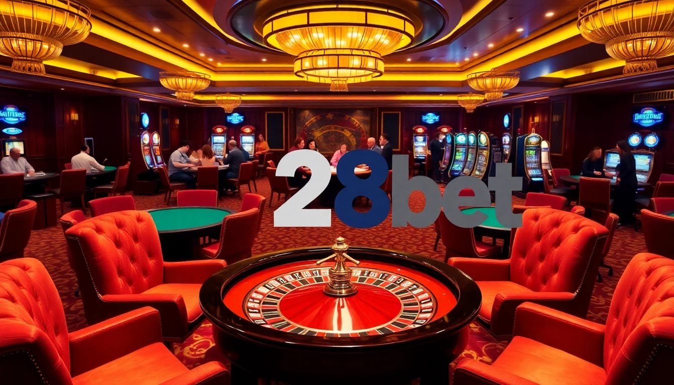 An engaging scene showing players enjoying 28bet games at a luxurious casino table with roulette and poker.