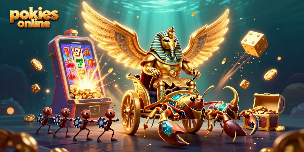 Experience thrilling pokies online with a vivid scene of a golden scarab beetle and dynamic slot machine bursting coins.