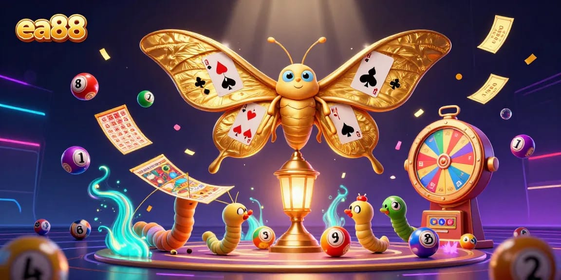 Engage with ea88 through vibrant 3D illustrations showcasing a dynamic lottery and casino scene filled with excitement.