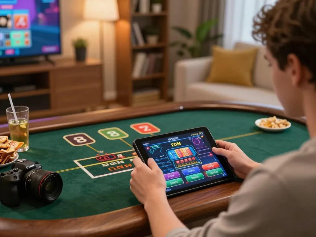 Engaged player enjoying online gaming at https://rr88.autos/, featuring a tablet displaying a vibrant casino interface