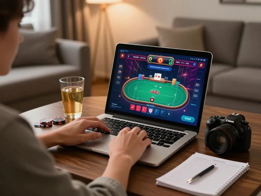 KP88 player engaged in online poker game from cozy home setup with strategy notes and warm lighting.