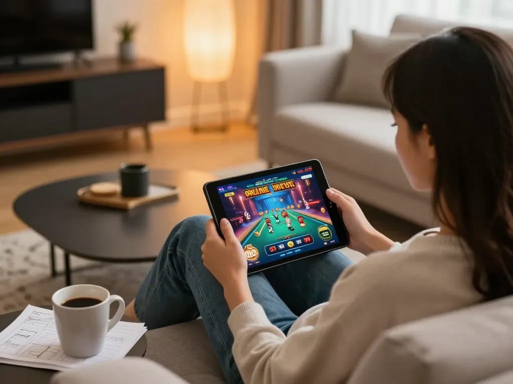 Engaging in online casino gaming at https://8xx.space/ from a stylish home setting, combining comfort with strategy.