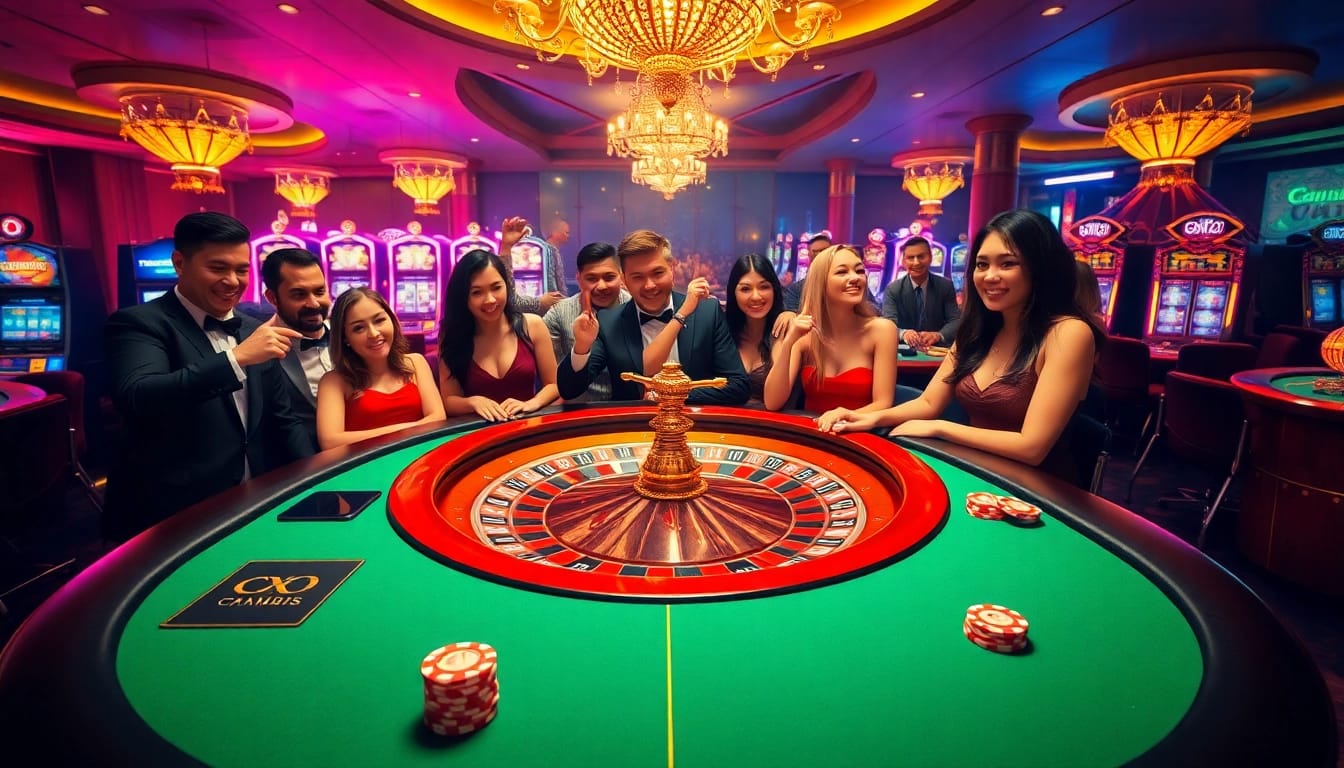 Experience high-stakes gaming at CM88 with vibrant casino action, roulette wheel, and poker table.