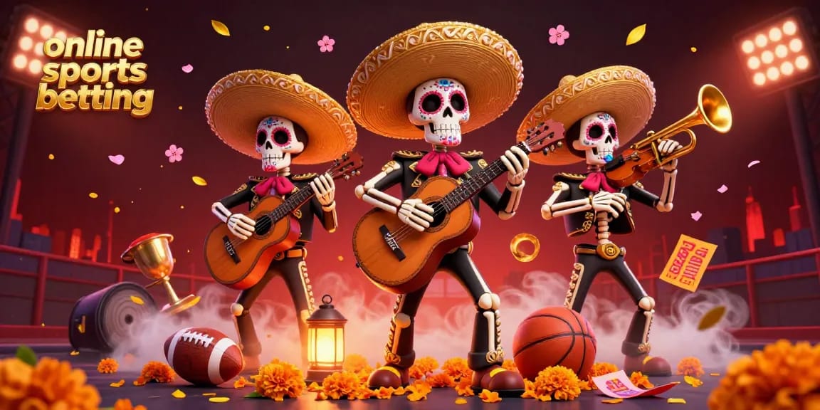 Engage in online sports betting with vibrant skeleton mariachi band amidst dynamic sports elements.