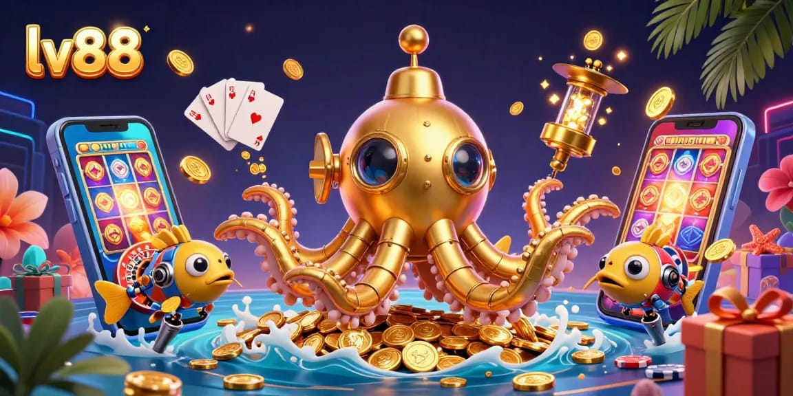 Play thrilling slot games currently at lv88, featuring a whimsical kraken submarine and dynamic casino elements.