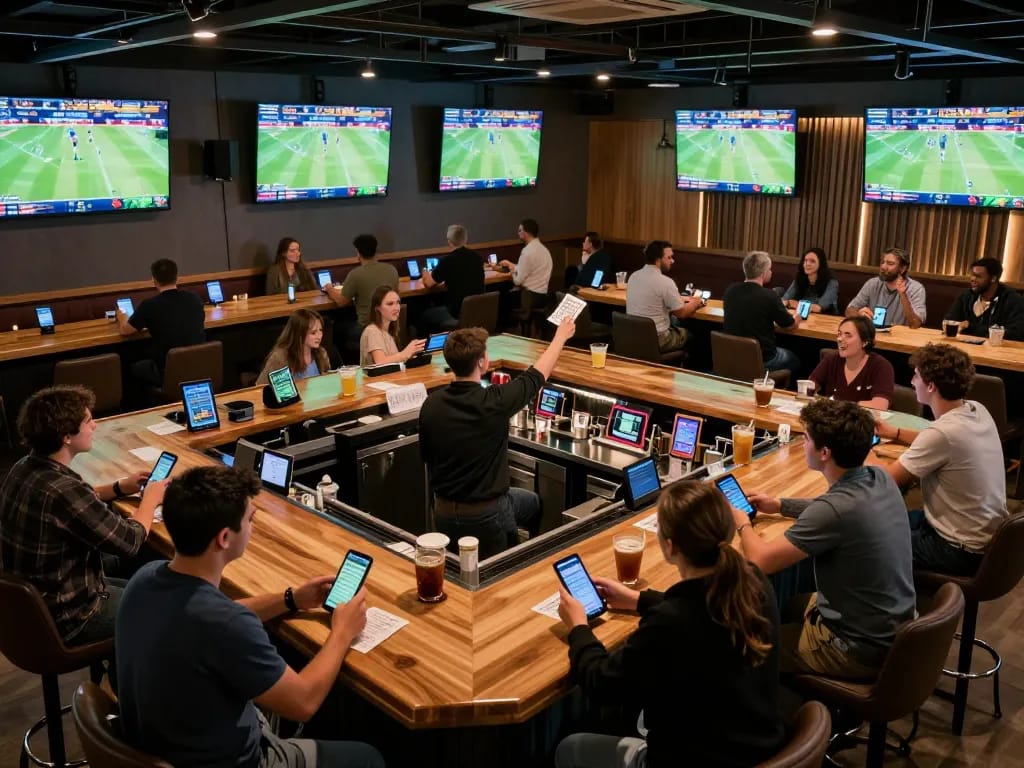 Excited patrons placing bets at the vibrant sports bar while enjoying the latest games from https://www.mnm88.com/.