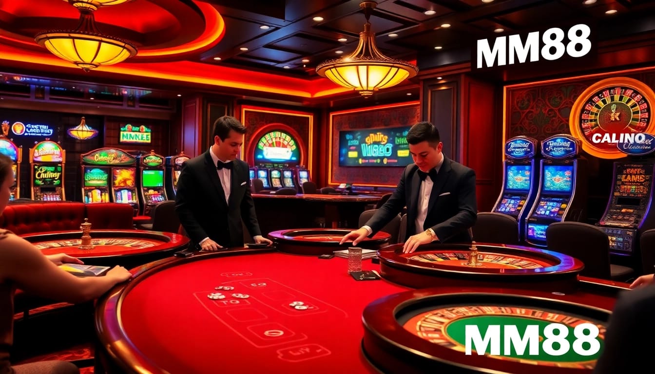 Experience the thrill of MM88 with vibrant casino activities, including poker tables and roulette wheels.