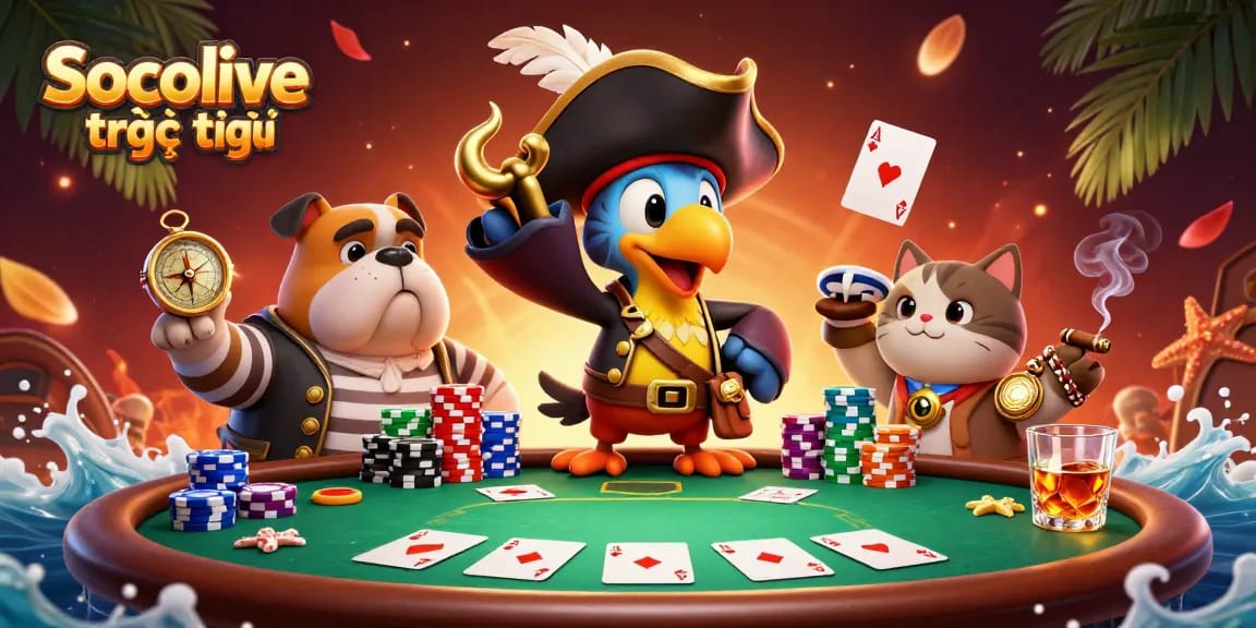 Experience Socolive trực tiếp with thrilling poker scenes, showcasing dynamic play and vibrant characters.