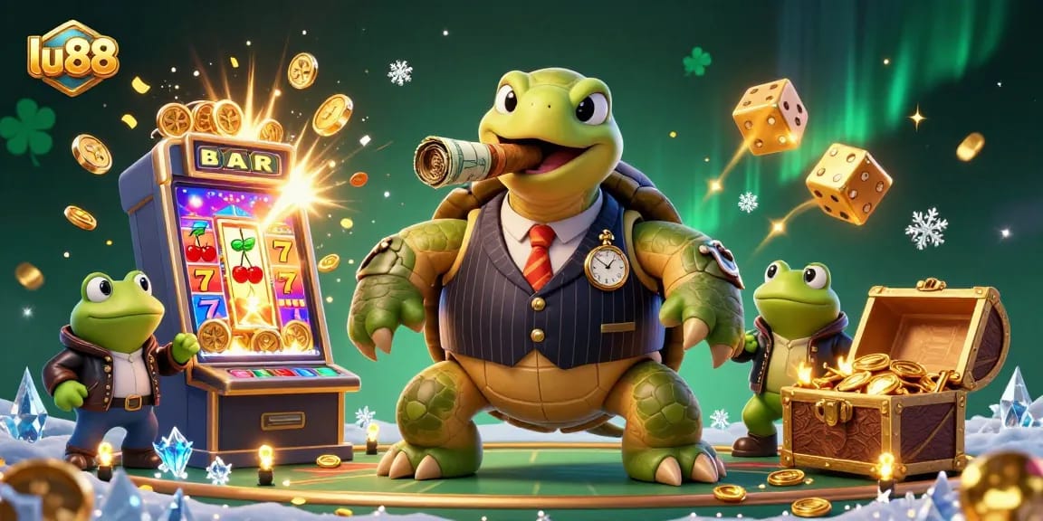 Experience the exciting world of lu88 with a vibrant casino scene featuring a cartoon turtle in a pinstripe suit.