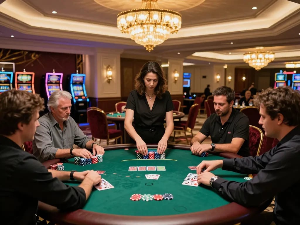 Players engaged in high-stakes poker at an upscale casino with TR88 ambiance.
