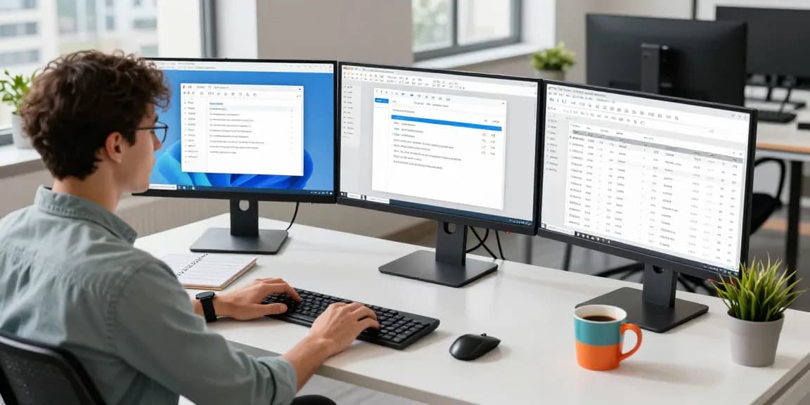 Focused professional using WPS Download tools for productivity in a modern office setup.