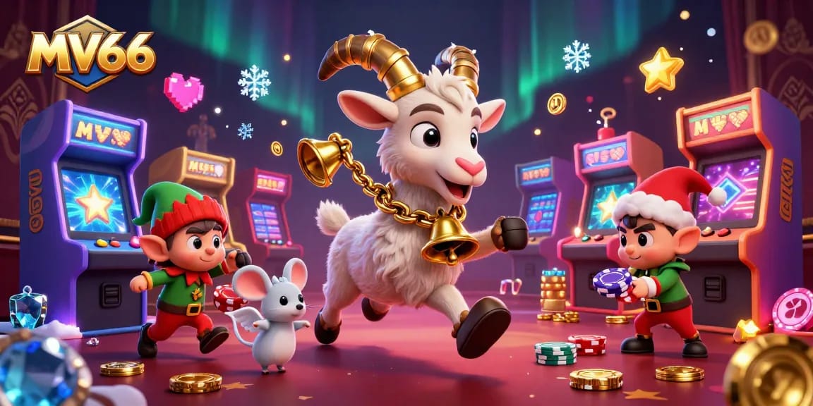 Join the MV66 casino excitement with Krampus and friends in this festive gambling illustration.