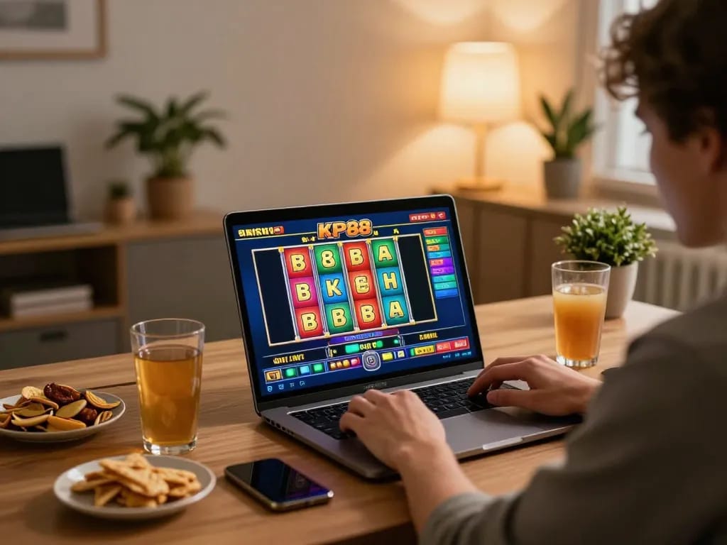 Engaged player spinning reels on KP88 online slots, showcasing vibrant gaming interface and cozy atmosphere