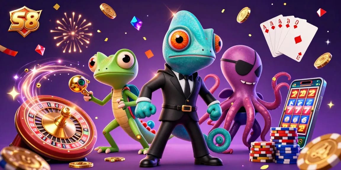 Win big with S 8 in this vibrant casino scene featuring action-packed characters and dynamic gaming elements.