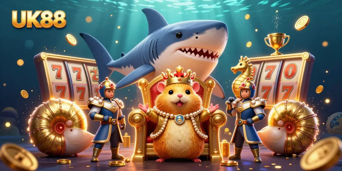 Experience the excitement of UK88 with a charming hamster king amidst vibrant casino elements.
