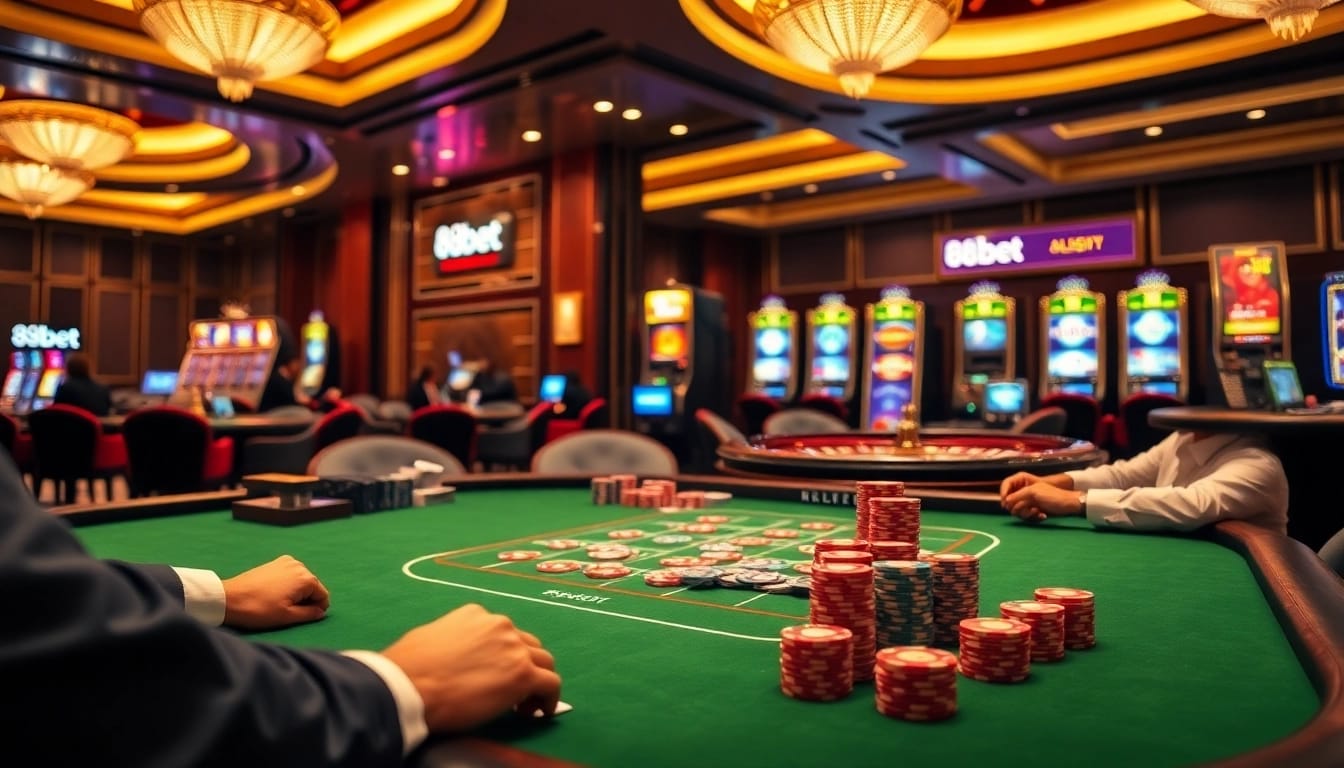 Exciting poker game at 88bet casino with vibrant atmosphere and luxurious tables.