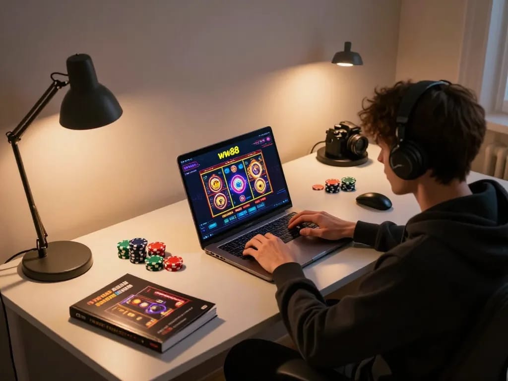 Engaged player exploring diverse games at ww88 online casino setup, enjoying a comfortable gaming experience.