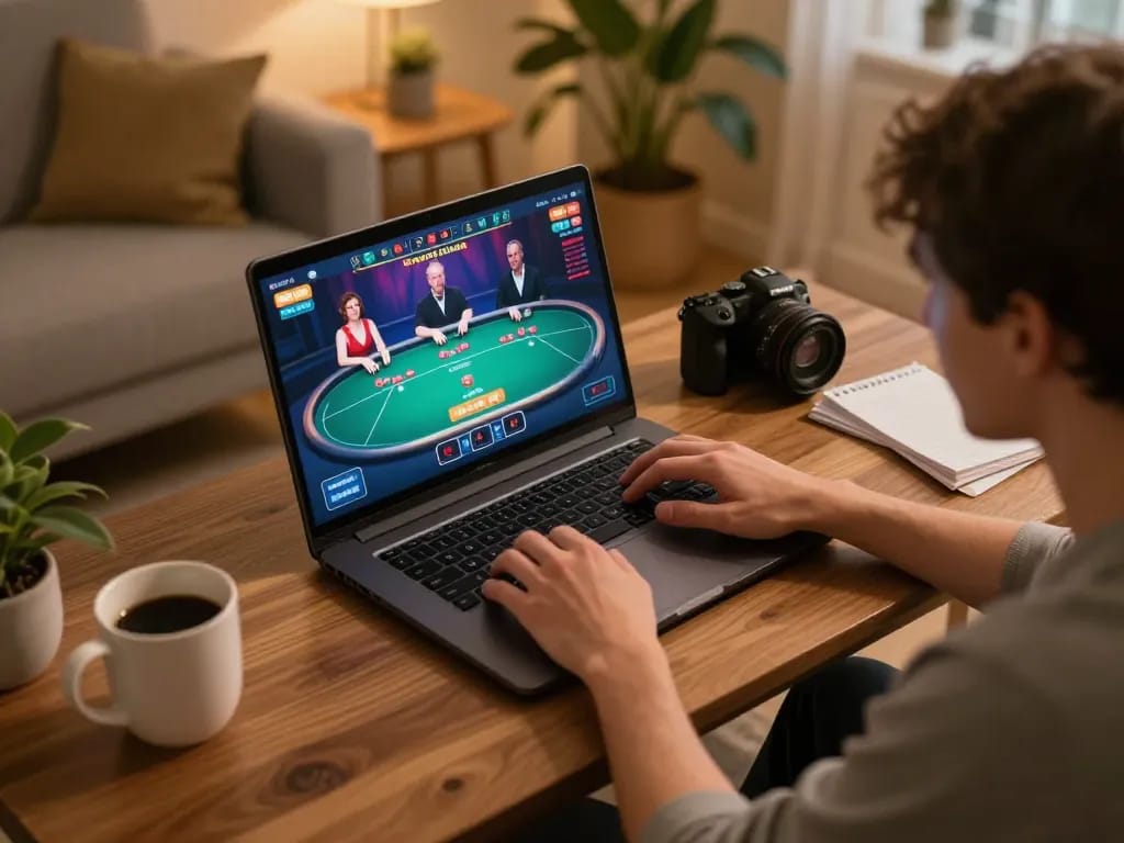 Engaging online gaming scene showcasing LINK XO88 in a cozy home setup with vibrant poker graphics