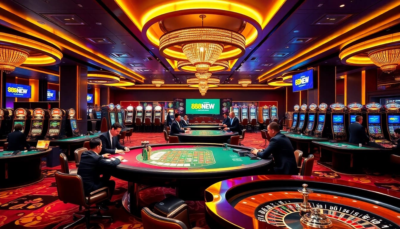 Experience thrilling games at 888NEW's luxurious casino, with vibrant slot machines and professional dealers.