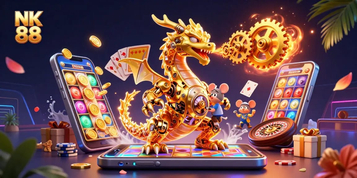 Experience thrilling gaming at NK 88 with dynamic 3D casino elements and vibrant visuals.