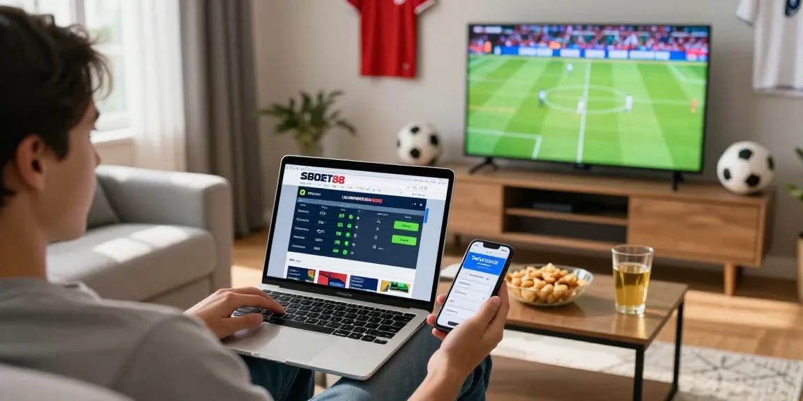 Pengguna sbobet sedang menikmati taruhan sepak bola live di ruang tamu modern.