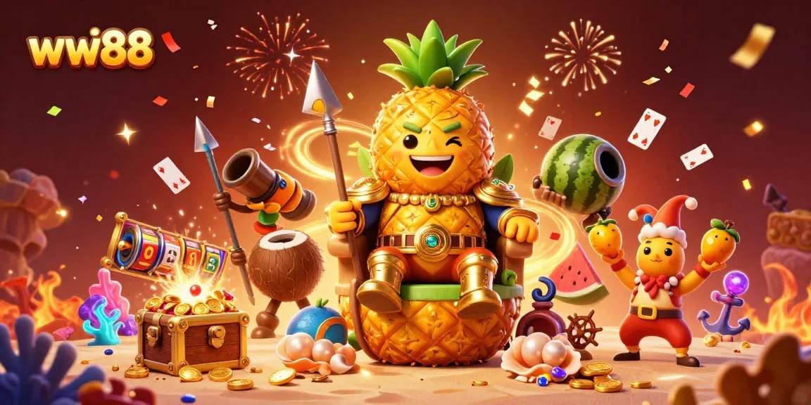 Experience exciting gameplay at ww88 with a vibrant 3D beach casino featuring the golden pineapple king and lively game elements.