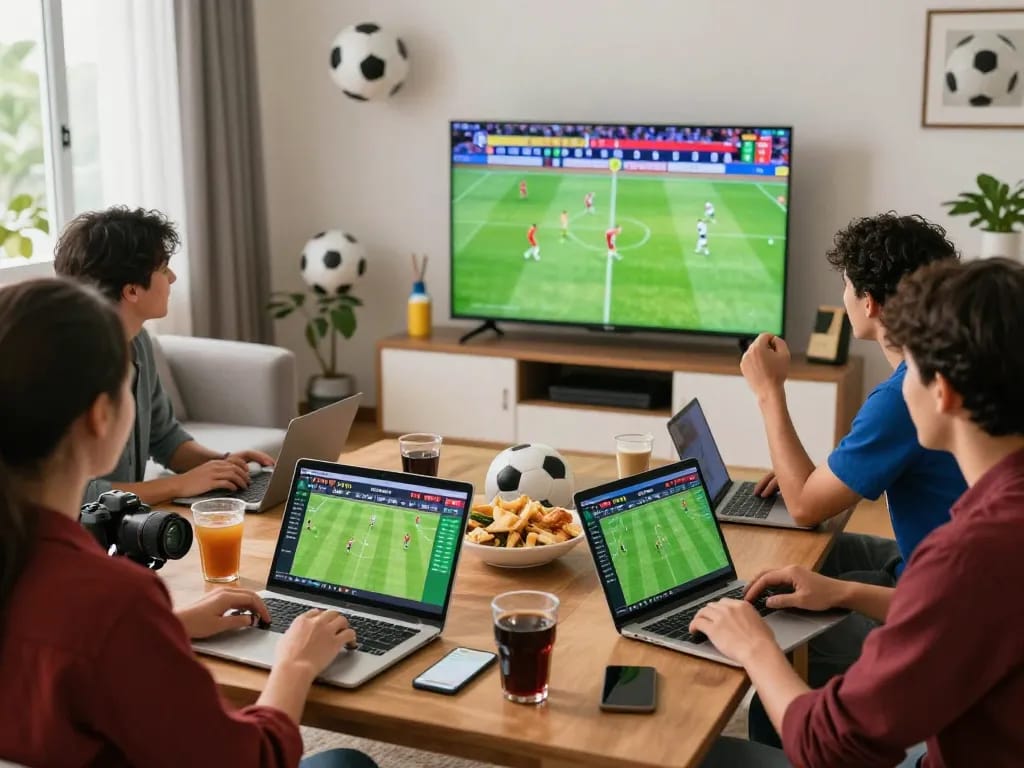 Cá độ bóng đá enthusiasts enjoying a lively football match with betting odds displayed online.