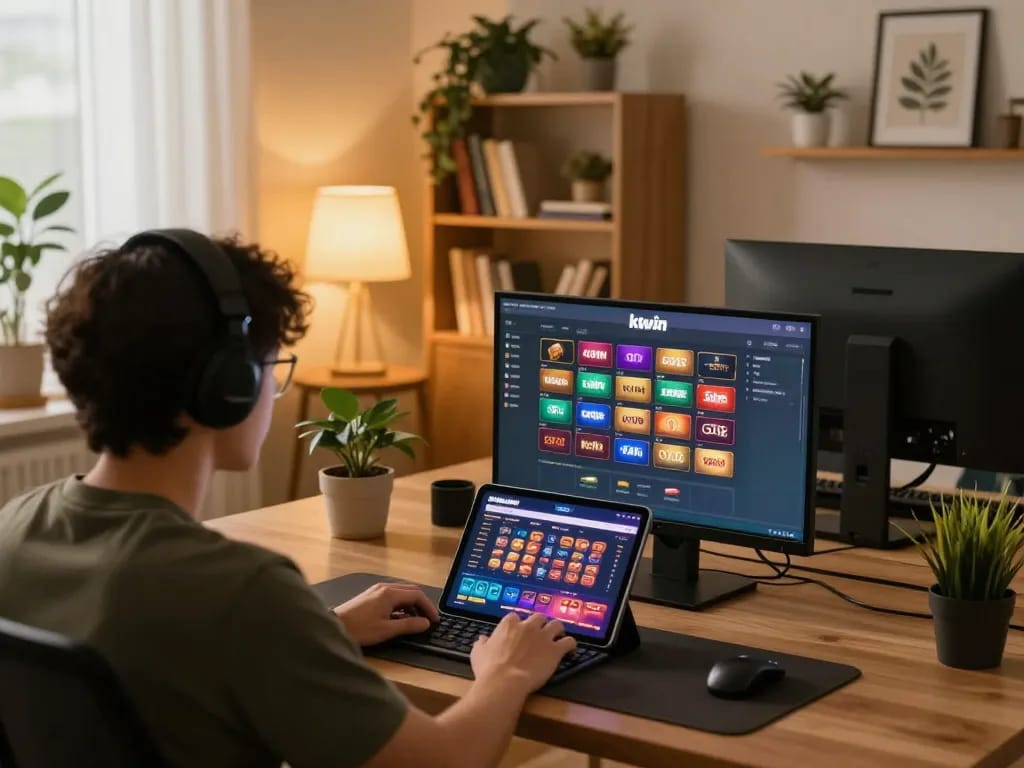 Person enjoying gaming on kkwin com interface in a cozy home office setting