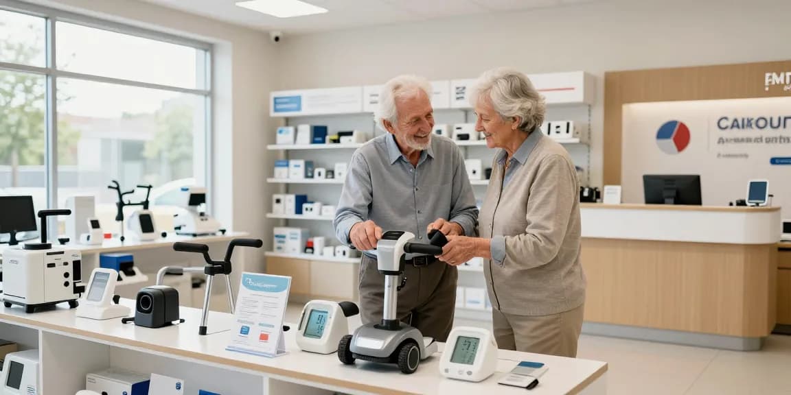 Couple exploring health equip options with a sales rep in a bright showroom, showcasing mobility aids and health devices.