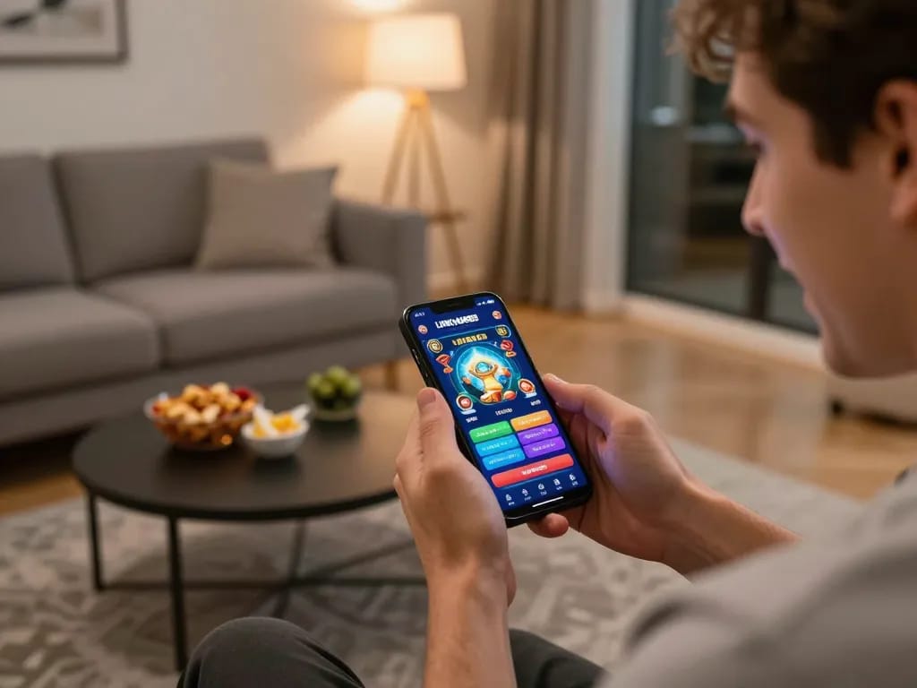 Engaged player using the LINK MAX88 app on a smartphone for online casino gaming.