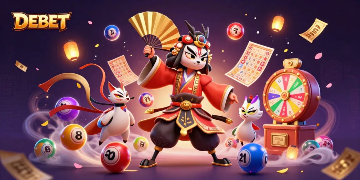 Engage with DEBET in an exciting lottery-themed scene featuring vibrant game elements and animated characters.