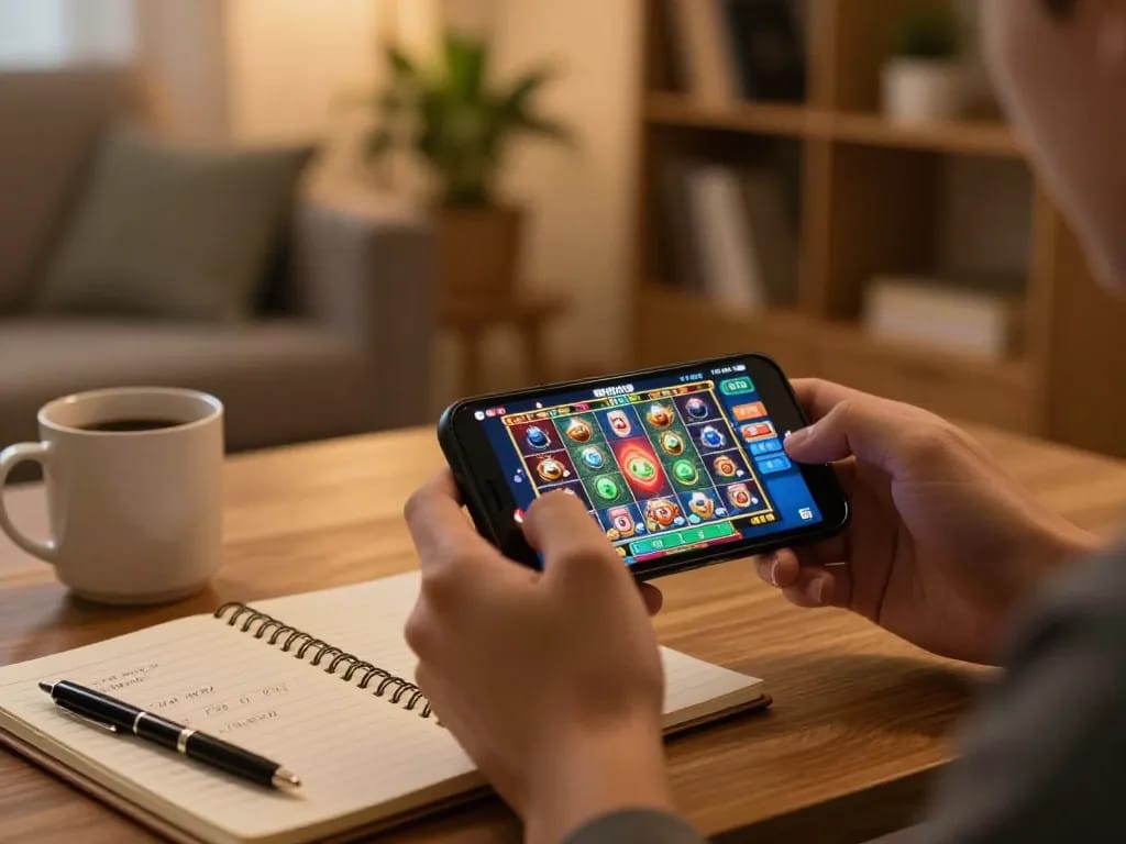 Engaging player enjoying the 79king app at home while strategizing online slots play