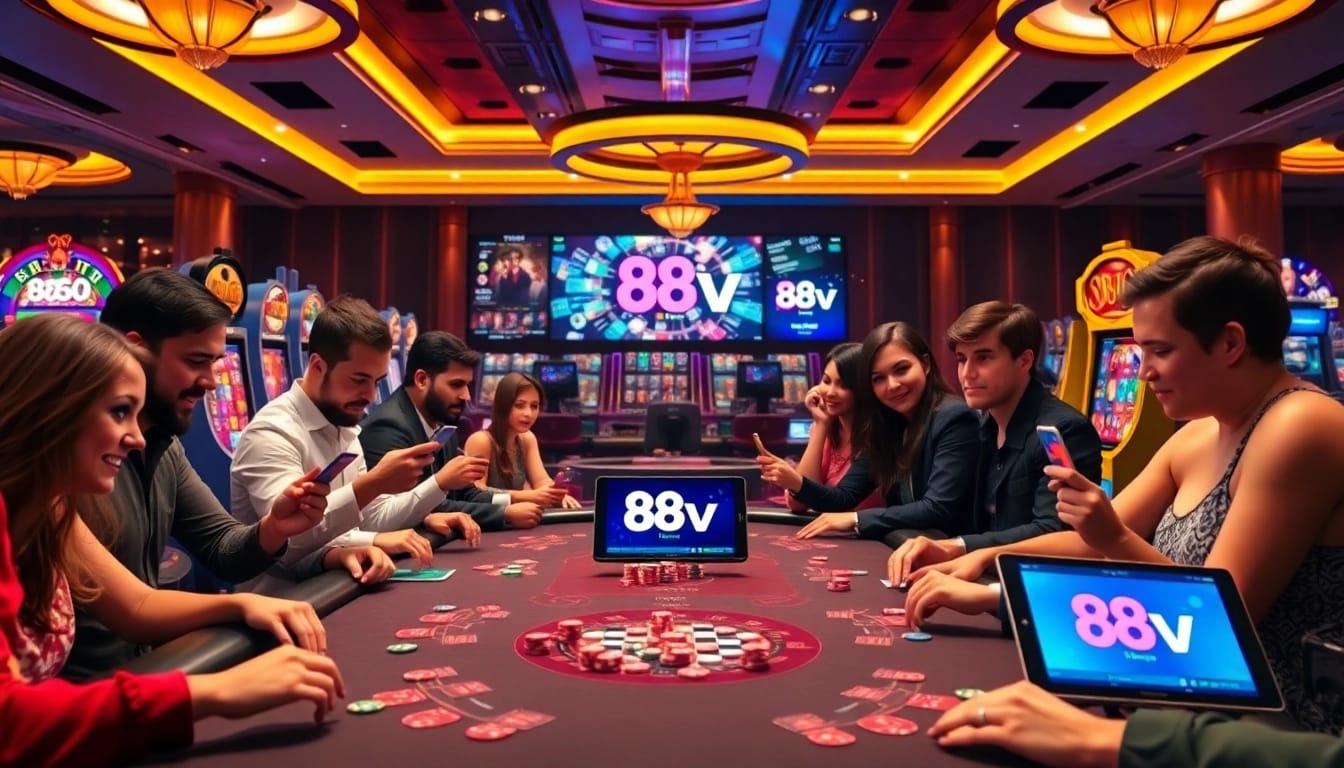 Exciting gaming scene showcasing the 88vv nhà cái logo with players engaged in intense betting action.