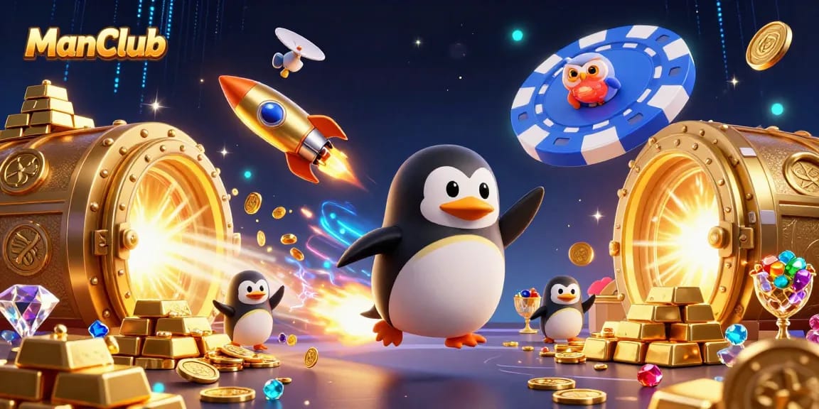 ManClub enhances gameplay with a golden penguin and sparkling casino elements in a vibrant scene.