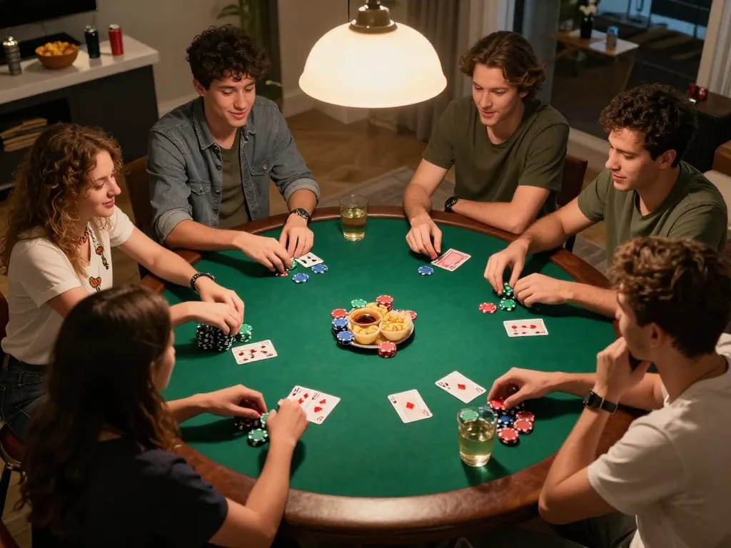 Teman-teman bermain mejavip slot online di permainan poker rumah yang cerah, menampilkan pemain yang terlibat dan suasana yang hidup.