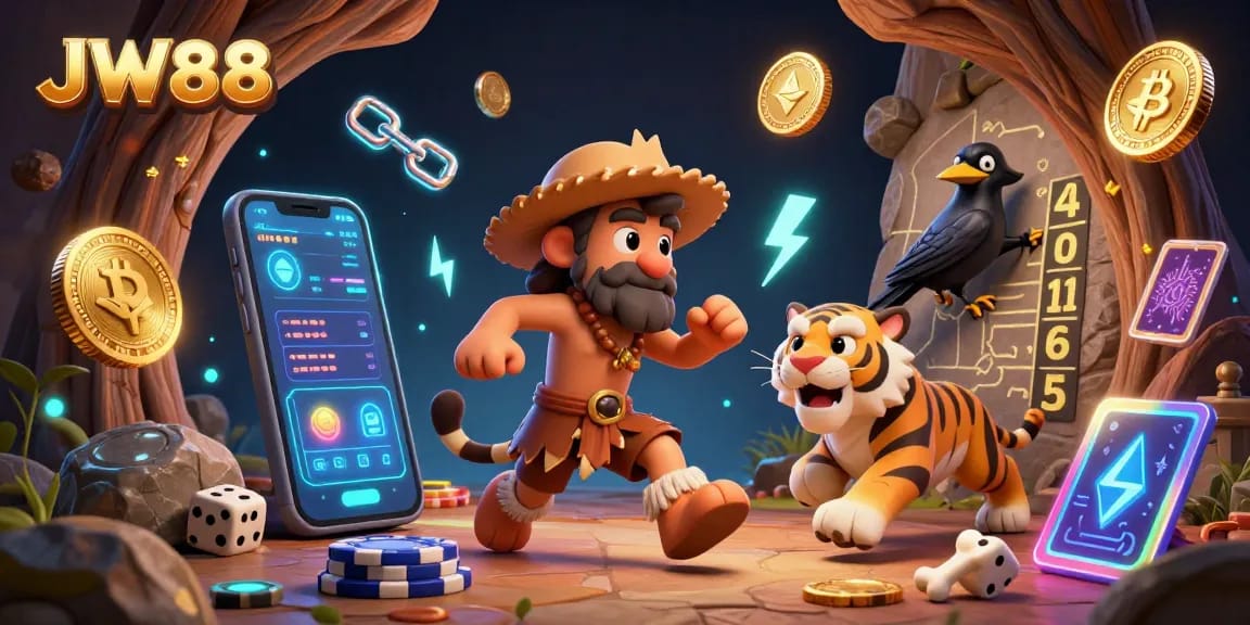 Experience thrilling gaming action at JW88 with a vibrant 3D casino illustration featuring unique characters and cryptocurrency elements.
