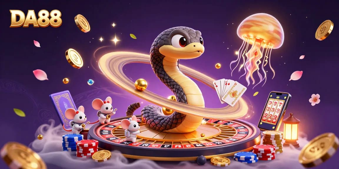 Experience exciting bets at DA88 with an engaging cosmic casino scene featuring a roulette wheel and vibrant elements.