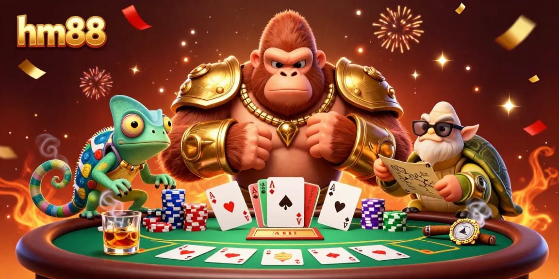 Engage in thrilling poker action with hm88's vibrant scene of cartoon characters at a lively poker table.
