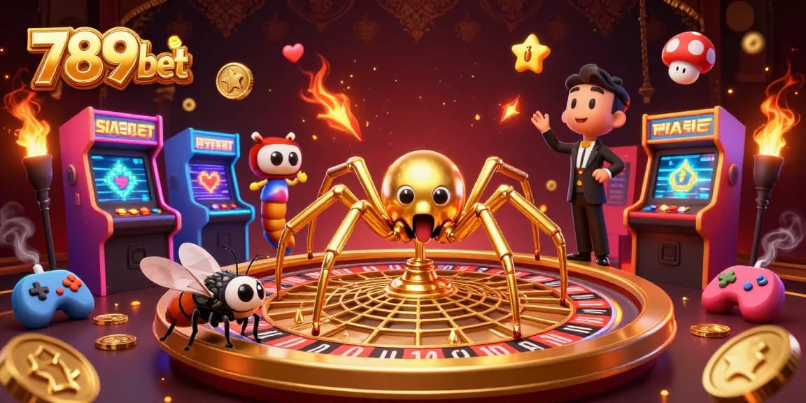 Engage in thrilling bets with 789bet's captivating 3D gaming scene featuring a golden spider and vibrant arcade elements.