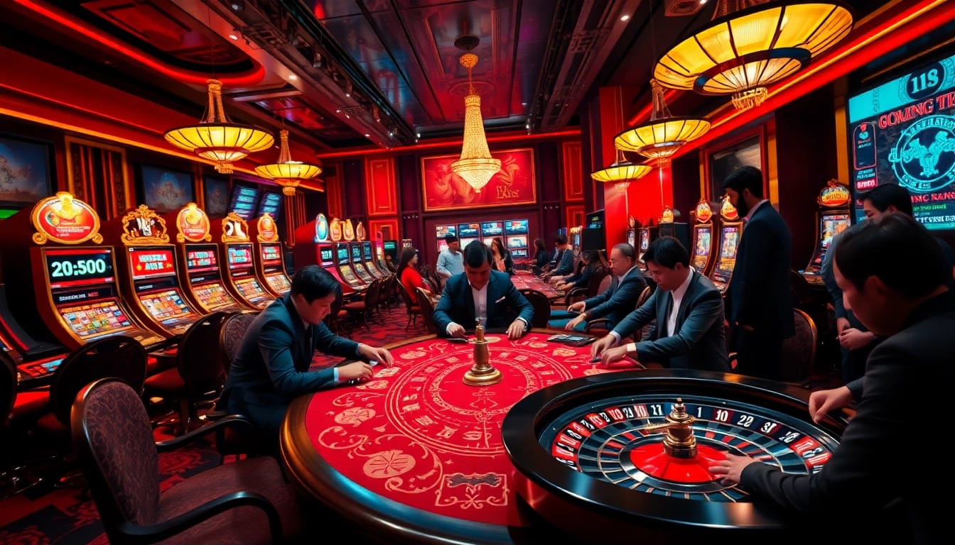 Experience exciting online gambling at https://luongsontv23.com/, featuring a vibrant casino scene with poker and roulette tables.